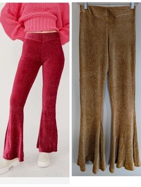 Free People So Charming Gold Velvet Ribbed Flared Pants XS Small